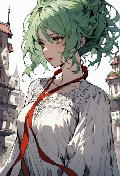  The girl has green hair , who looks a little disheveled ,  and wears a white blouse with a red ribbon around her neck.