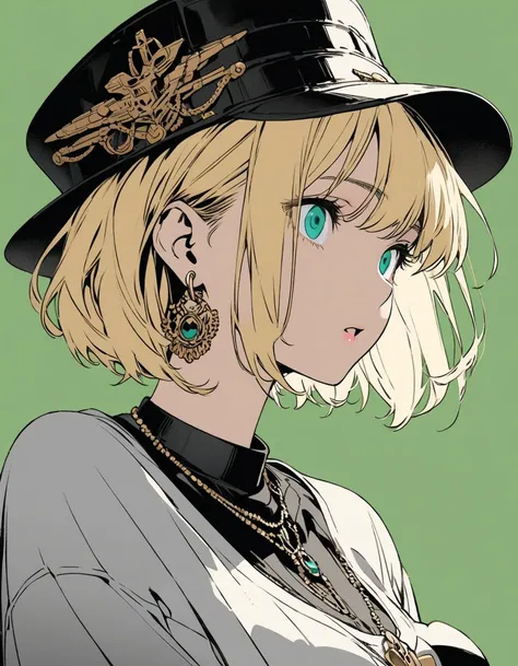 masterpiece,  1 woman, Search eyes,  blonde hair, Keep your mouth shut, earring, Green background, hat, hoop earring, bijouterie,  space battleship , shirt,  short hair,  simple background , Alone,official art, (flat_color:0.9),