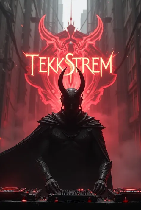 An urban background in grey with strong red details ,  in the middle the DJ as a demon prince at the turntables with large installation, and with the title TekkStrem in glowing red with flames 