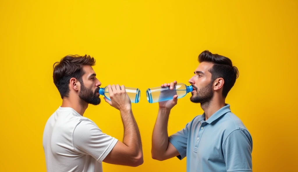  Create an image of men drinking water from bottle with yellow background 