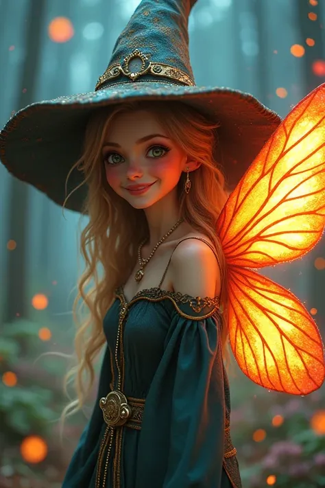 fairy, very happy, witch clothes, witch hat, intense primary colors, rainbow lights, delicated wings, five fingers on each hand, realistic portrait, fantasy brithgtness