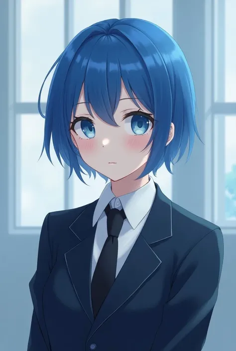  A beautiful anime girl with boys formal dresses with short hair blue eyes and hair color blue and she an introvert 