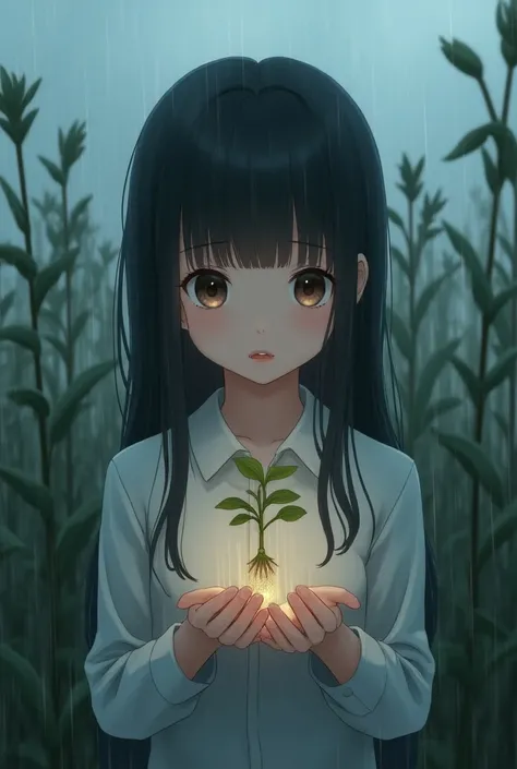 Create a 9:16 portrait of an anime girl standing in the rain, holding a fragile plant in her hands. She has a gentle yet concerned expression, with a few drops of water falling from her fingers onto the plant. In the blurred background, depict several dead...