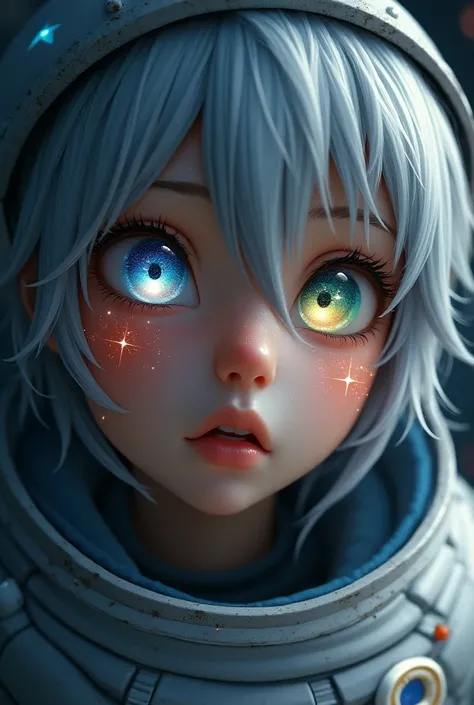 (A close-up of a better masterpiece:1.5)0.9], (Space and astronauts:1.2) (Messy silver hair:1.1) (Heterochromia xanthochromia and blue eyes:1.2) (Raumhelm:1.0) (Colored stars in the eyes:1.0) (A radiant shine:1.1) (full lips:0.9)