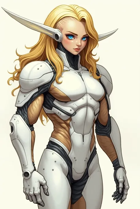 A close up illustration sketch of intelligent humanoid angelic alien, humanoid race detail ice white with brown pattern skin in muscular bulk big body, golden perfect long hair, so beauty, so masculine, so calm, so brave, Wide large blue eye, wear white me...