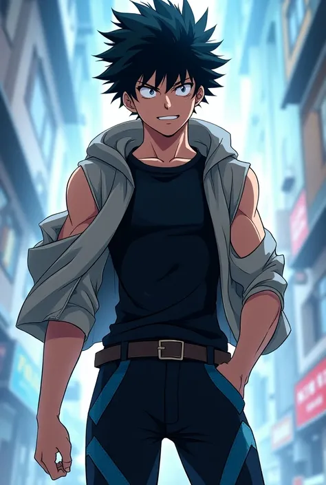  Sixteen-year-old boy with a good physique and messy black hair with a navy blue tuft wearing a tight black t-shirt, a sleeveless hooded jacket ,  and black pants with blue stripes in My Hero Academia  