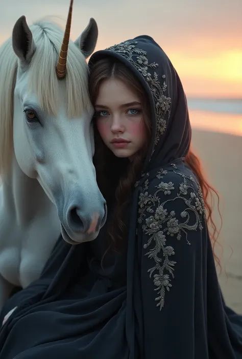 gothic girl, hermoso rostro, blush, parts, Covered only with an embroidered cloak over her head and sitting on the beach with a unicorn. Winter mists,  sunset