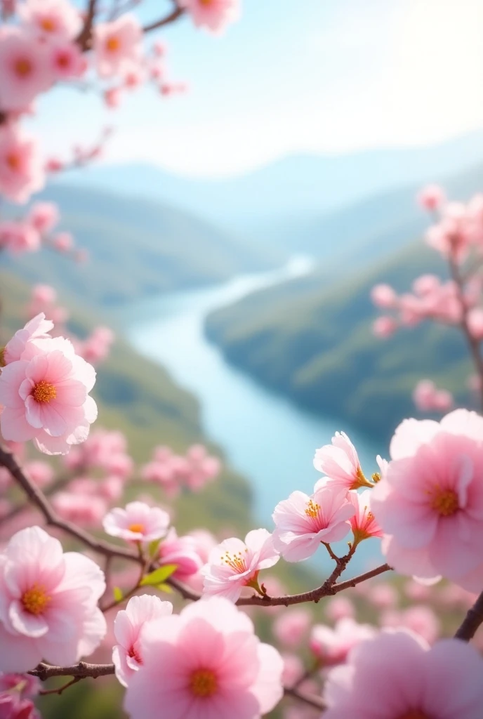  cherry blossoms, Jasmin flowers and a landscape in the background