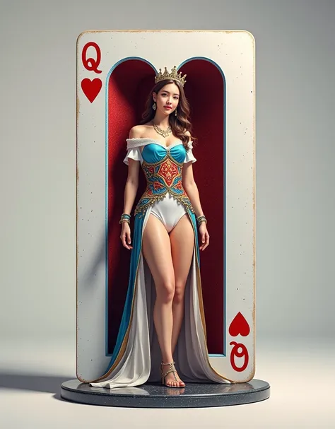 a realistic, beautiful queen with regal attire and a crown is emerging from a large, life-sized playing card of the queen of hea...