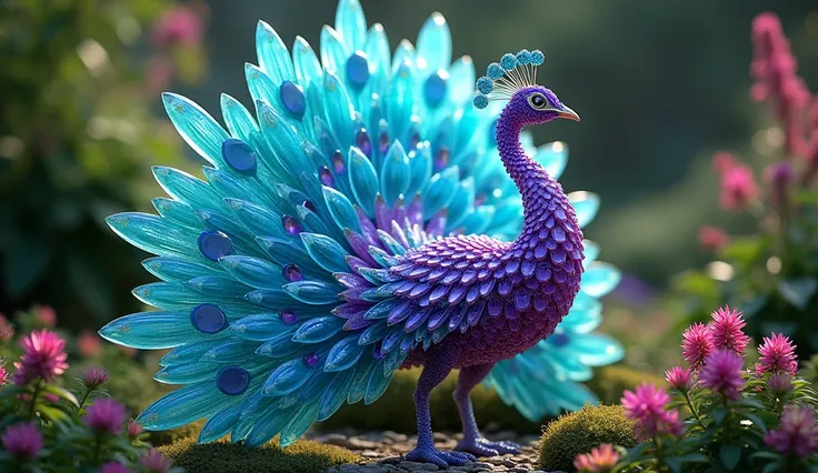 Peacock constructed from amethysts and turquoise, with a dazzling, colorful tail in a lush garden.