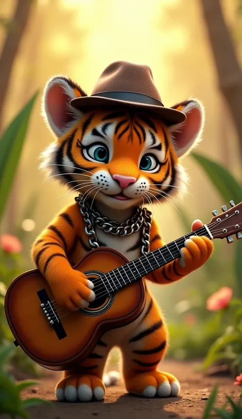 a baby tiger with a hat and chain playing the guitar