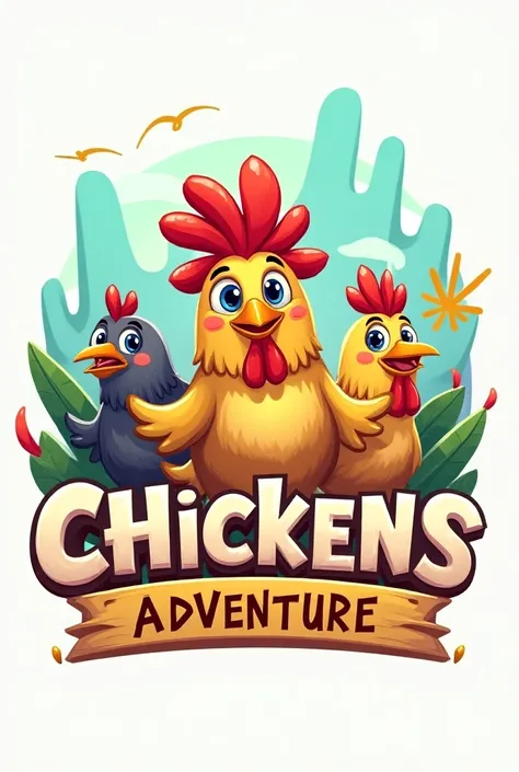 A logo of a treated chicken game with the name Chickens Adventure 
