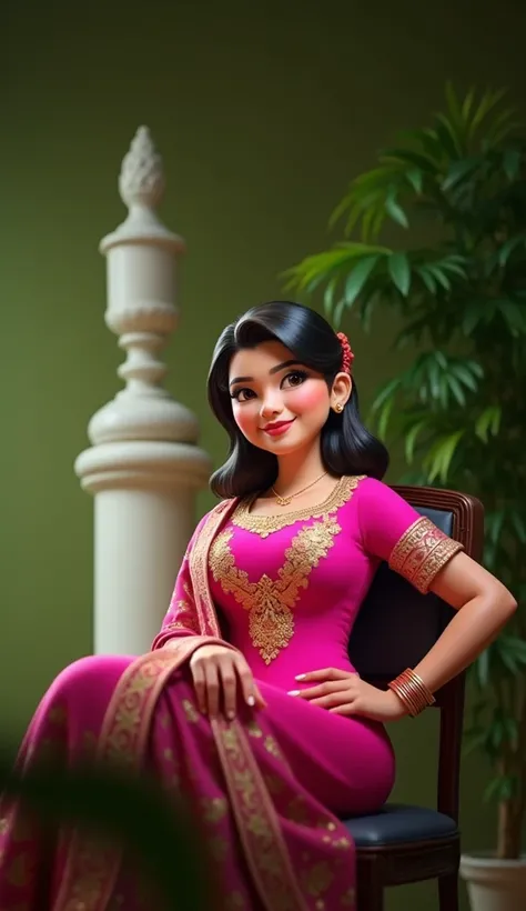 Close -up a woman sitting in photo studio 3d animation big breast,wear attractive clothes suits salwar,sadgood figure,