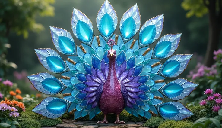 Peacock constructed from amethysts and turquoise, with a dazzling, colorful tail in a lush garden.