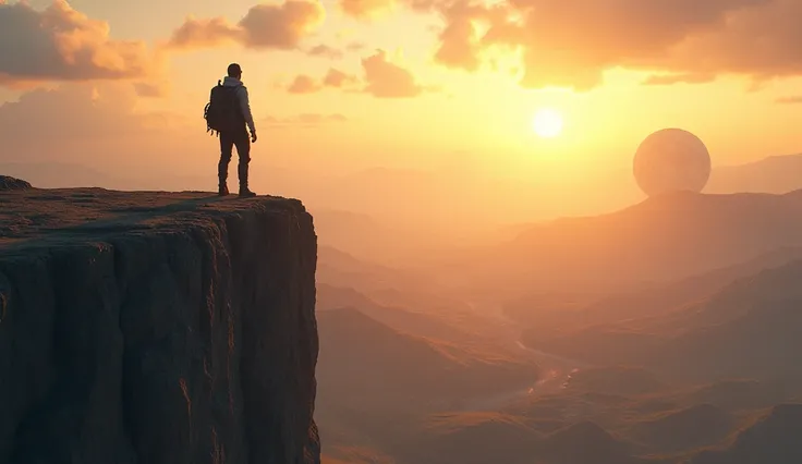 A wide shot of a traveler standing at the edge of a cliff, looking out over a vast, open landscape under a bright, sunny sky. Planets are subtly visible in the distance, symbolizing opportunities and expansion. --ar 16:9