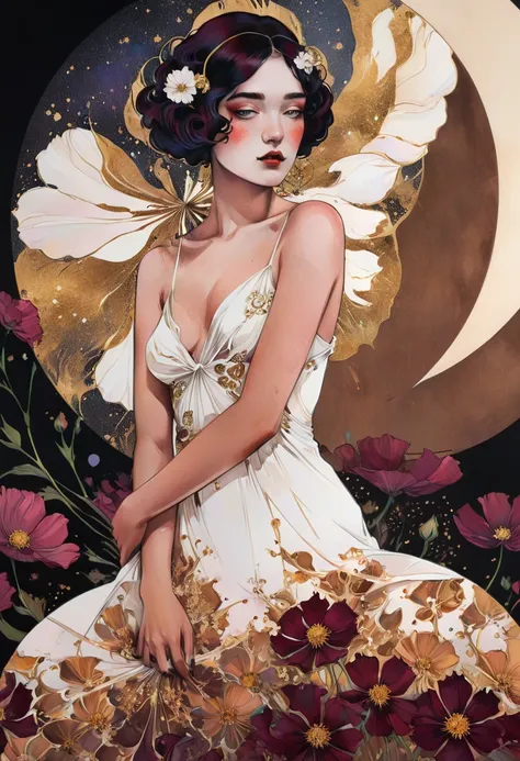 A poster for a Louis Vuiton event in the style of Alphonse Mucha, chiaroscuro technique on sensual illustration of an elegant , retro and vintage white dress ,Chocolate Cosmos (Cosmos atrosanguineus) around body, matte painting, by Hannah Dale, by Harumi H...