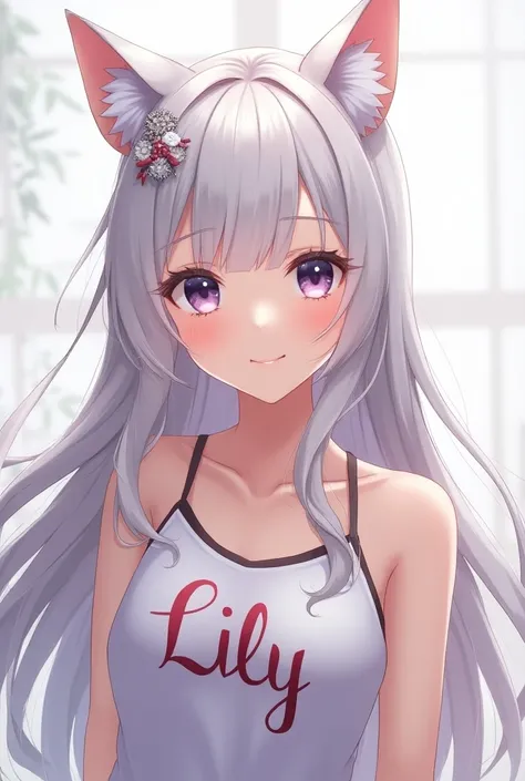 One person.chest,beautiful girl,Long silver hair,Cat ears,Cool clothes with the word Lily on them,anime,Illustrated,Delicately,Fantastic Goddess,Alluring,Full body image,My hair is blowing in the wind,cute,Young,color々Easy depiction angle,smile,Embarrassed...