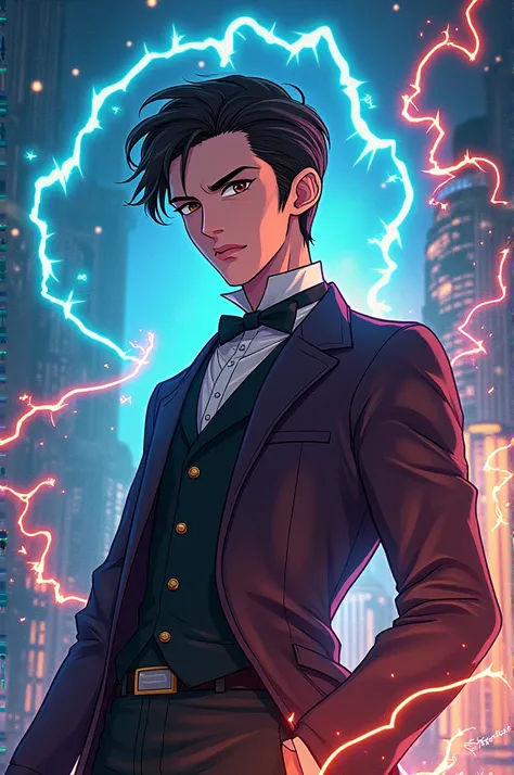 A Nikola Tesla anime type with a great background
