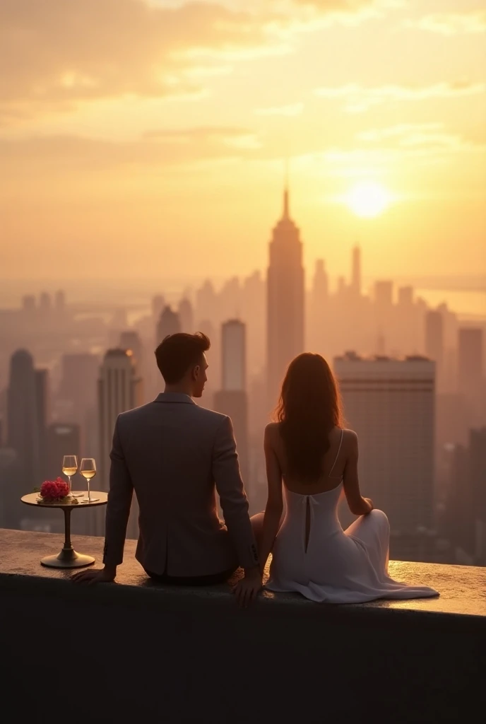 A beautiful couple sitting on top of a building ,  looking at the horizon next to two drinks and romantic atmosphere 