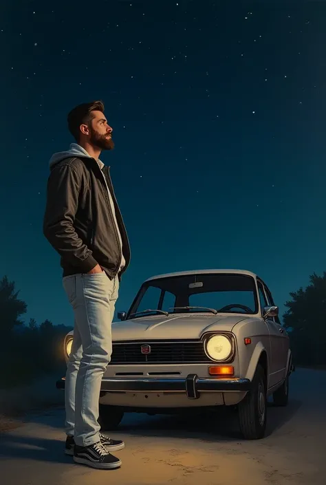 A man with a beard, jacket, white jeans and sneakers . Next to his Fiat Uno car from the 95s looking up at the stars.  In a painting style 
