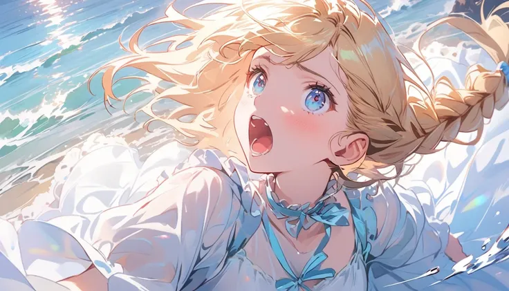 1female(princes,cute,kawaii,age of 20,long braid hair,blonde,eye color ocean blue,big eyes,dynamic pose,open mouth loud,lost her voice,wearing beautiful heart neck dress,suffer,scared,confused,(hold her throat),looking away,looking up,open mouth loud), BRE...