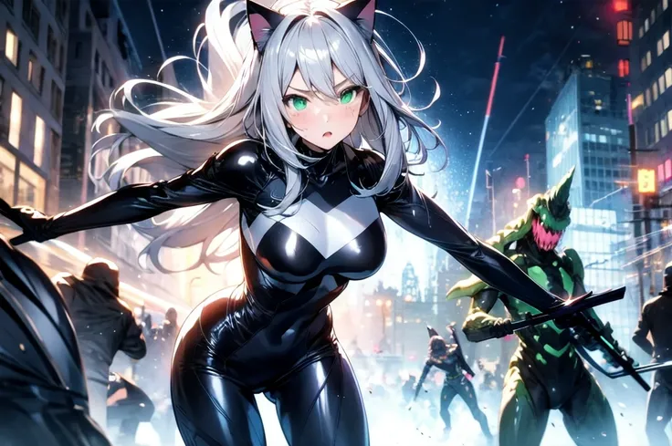 A beautiful girl with silver cat ears, green eyes, silver hair, long hair, black and white battle suit that fits her body perfectly, the background is the night city, the age is 14, dark night, sweat, steam from exhalation, fighting monsters, dynamic angle...