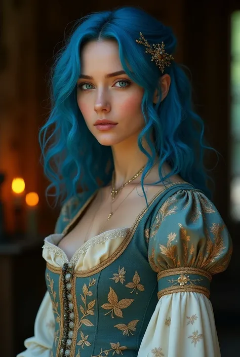 An adult woman with blue hair wearing a medieval dress