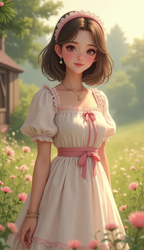 a cute milkmaid dress with pink ribbons worn by a brunette with mid length hair