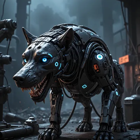 psyco dog, sharp focus, emitting diodes, smoke, artillery, sparks, racks, system unit, motherboard, by pascal blanche rutkowski repin artstation hyperrealism painting concept art of detailed character design matte painting, 4 k resolution blade runner