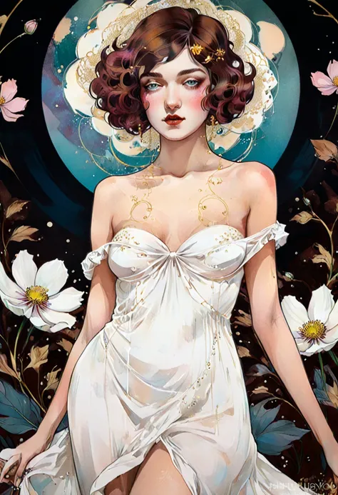 A poster for a Louis Vuiton event in the style of Alphonse Mucha, chiaroscuro technique on sensual illustration of an elegant , retro and vintage white dress ,Chocolate Cosmos (Cosmos atrosanguineus) around body, matte painting, by Hannah Dale, by Harumi H...