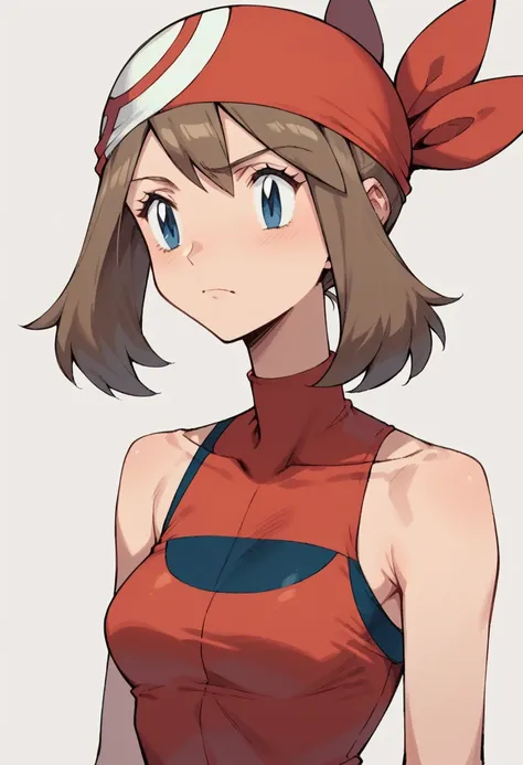 may (pokemon), bandana, red shirt, bare shoulders, torso,