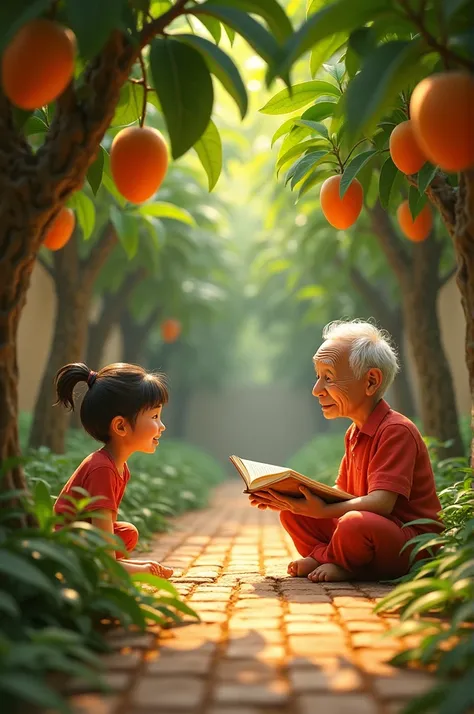 ((best quality)), ((masterpiece)), (detailed), perfect face A lively scene of ren playing hide-and-seek in a lush mango orchard, while an elder sits nearby in the courtyard telling stories, creating a warm, nostalgic atmosphere.
3d image 