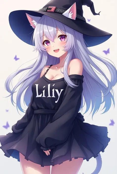 One person.chest,beautiful girl,Long silver hair,Cat ears,Cool clothes with the word Lily on them,anime,Illustrated,Delicately,Fantastic Goddess,Alluring,Full body image,My hair is blowing in the wind,cute,Young,color々Easy depiction angle,smile,Embarrassed...