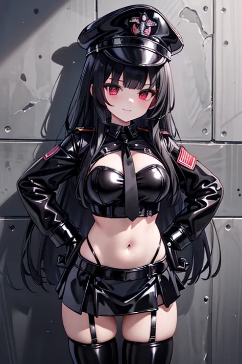 (crop top)++, (navel)++, (bare navel)++, (midriff)++, (black hair)+, (blunt bangs)++, (long hair)++, red eyes, beautiful detailed eyes, large breasts, curvy, (black shiny pvc military uniform)++, (black shiny pvc military jacket)+, (black shiny pvc necktie...