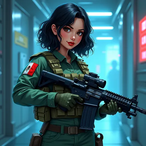 Drawing style, young girl, beautiful, white skin, Shoulder-length black-haired short wavy, dark brown eyes , reddish lips with gloss, Latin features, curvy body, chubby, short,  she wears a black military training uniform with the flag of Mexico and a bull...