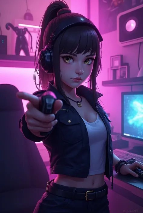  Girl pointing to the title next to her "new command"  with purple colors detailed holding a gun and with gaming equipment and the title "new command" equipped 