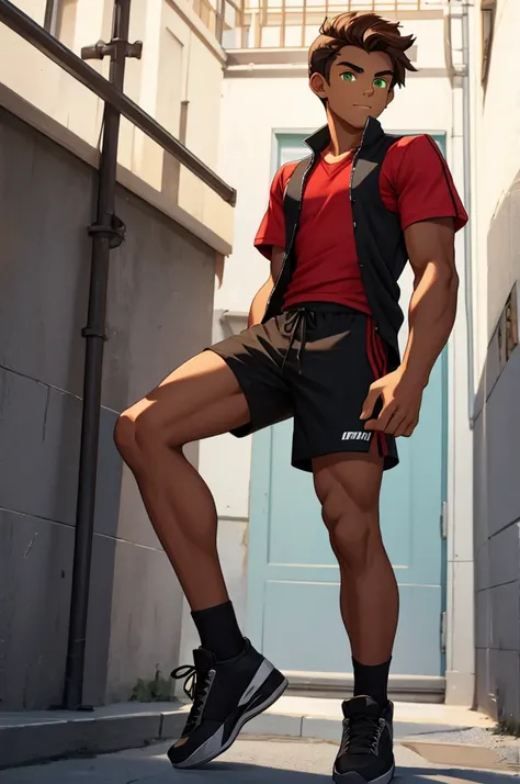 an 18 year old teenager with an athletic and well-defined body, slightly tanned skin, dark brown hair, green eyes, red short-sleeved shirt, with a black vest, black shorts, black sneakers with light gray details