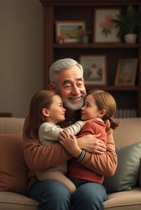 (photorealism:1.2), Grandfather holding 2 grand daughters