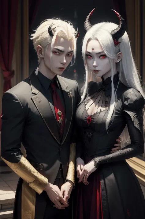 Two Korean Asian twin vampires (brother and sister). A young male Korean vampire with red eyes and platinum blonde hair, carefully styled back, wearing two golden royal horns on his head. His sister, a young female Korean vampire with red eyes and black ha...