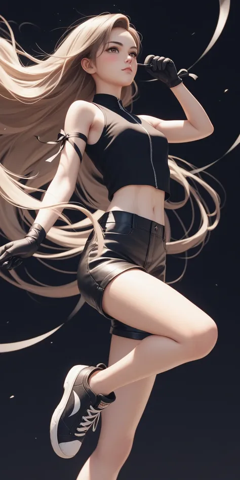 (masterpiece,Highest quality,Ultra-high resolution),(((A very beautiful girl))), age 25, acTifa, brown eyes, long hair, black shirt, black tank top, zipper, black skirt, midriff, black shorts, black gloves, arm ribbon, black sneakers, dynamic pose, sexy po...