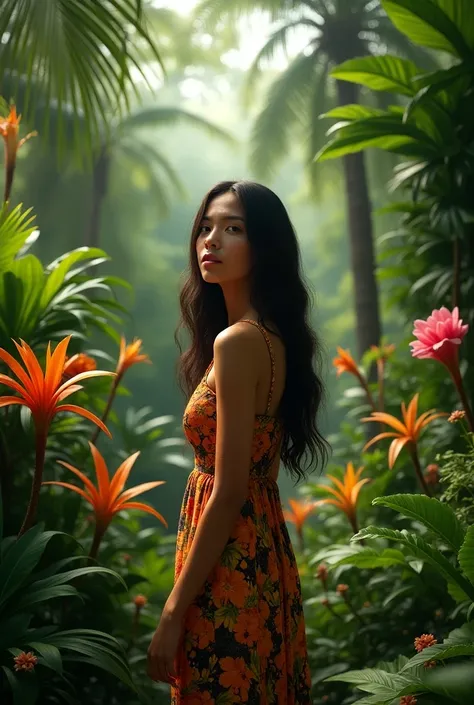 A Brazilian woman in a tropical garden 
