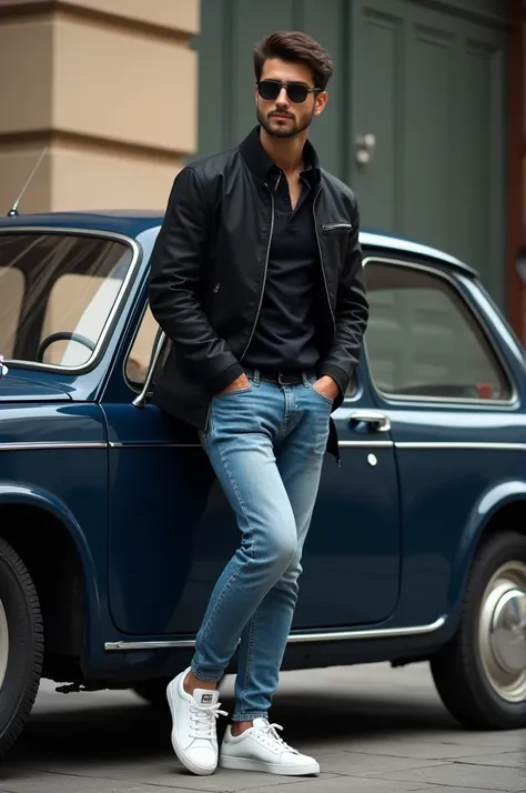 , jacket, jeans and white sneakers . Next to your dark blue Fiat Uno Mille