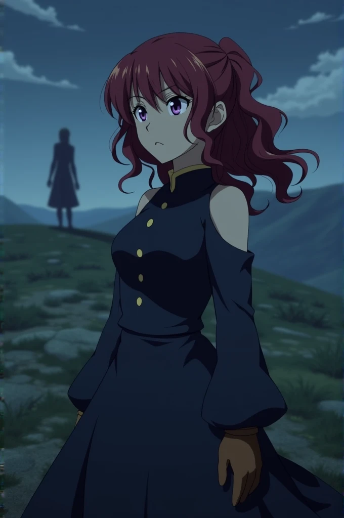  Akatsuki no Yona anime series , 16-year-old Yona ,  eyes purple dark red hair ,  picked up in a half ponytail ,  wearing a dark blue open-shoulder dress with brown gloves and a hairpin in wavy hair,  watching a fallen king on top of a hill ,  in the anima...