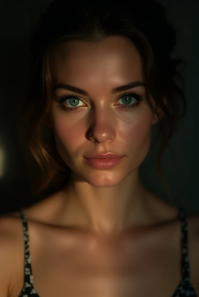  realistic portrait of a 29-year-old German woman, Intense blue eyes, dark circles,  small oval face ,  shirtless, 1 girl, Hermosos ojos DETAILEDs., labios DETAILEDs hermosos,  Extremely detailed face and skin ,  long eyelashes , High quality, 4k,  realist...