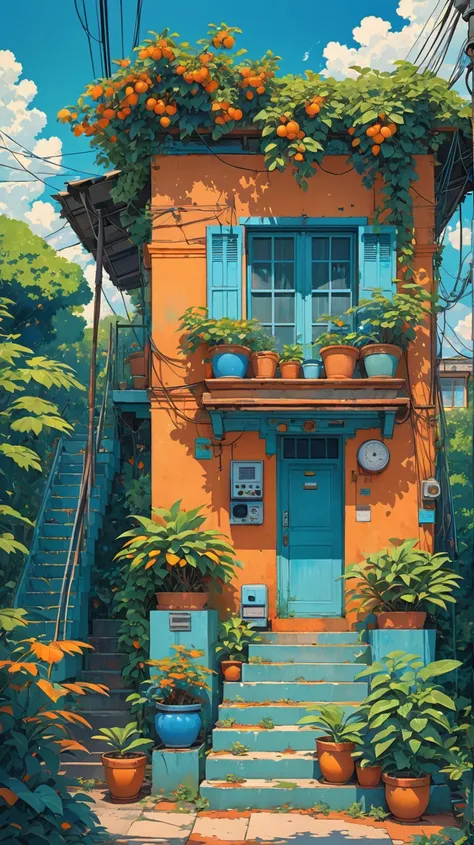 Draw an anime simple scene of an old broken blue indian home with orange trees outside, lush green long leaves plants in pots, stairs, wires and poles, electricity meter, lofi vibe, blue cloudy sky, beautiful color palette, vibrant color tones