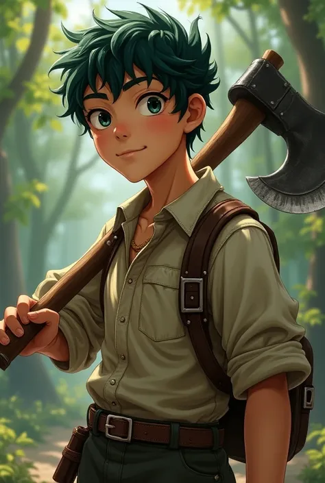 A friendly black-haired young adult boy with green hair, casual shirt and wears an antique axe 