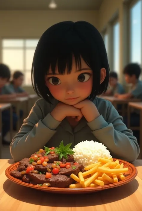 (watercolor effect:1.2), a girl of , black hair, short hair, gray eyes, school uniform, alone, warm glow creating a cozy atmosphere, cafeteria, (depth of field), table close-up, looking at a plate of Peruvian lomo saltado placed on the table, plate of lomo...