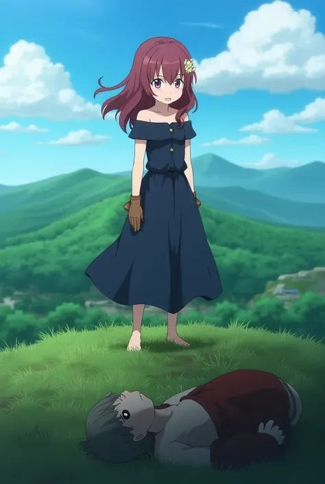  Akatsuki no Yona anime series , 16-year-old Yona , big purple eyes dark red hair ,  picked up in a half ponytail ,  wearing a dark blue open-shoulder dress with brown gloves and a hairpin in wavy hair,  watching a fallen laugh with an angry look on the to...