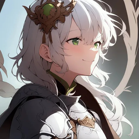 Full-length portrait of a white-haired girl with green eyes, wearing armor, gentle, shy, smiling, simple background