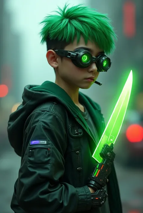 20-year-old boy
 Years with Cyberpunk clothes, green hair , futuristic forging glasses  ,And a laser knife  ,Does he have implants in his robotic arm 